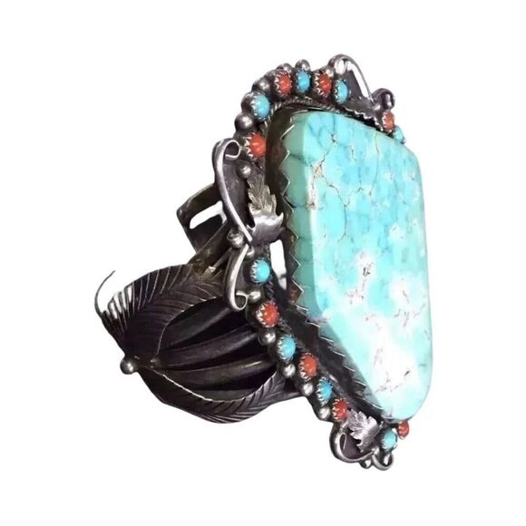 Antique Cuff Bracelet Green Turquoise Coral Sterling Silver Navajo Native Signed - Picture 6 of 14